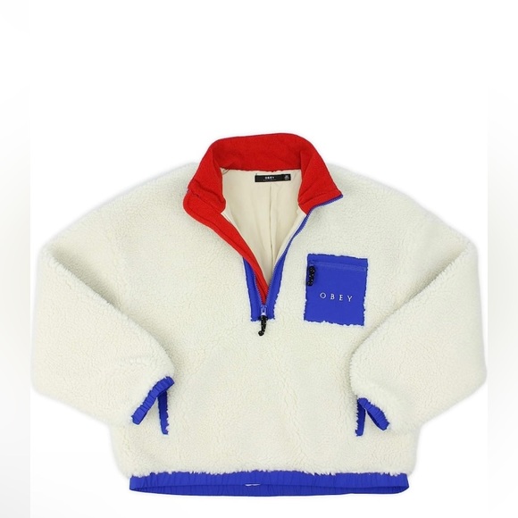 Obey Chiller Anorak Half Zip Pullover Sherpa Jacket In Bone Women's Size Med NWT - Picture 2 of 11
